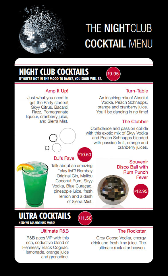 The Nightclub bar menu on Carnival