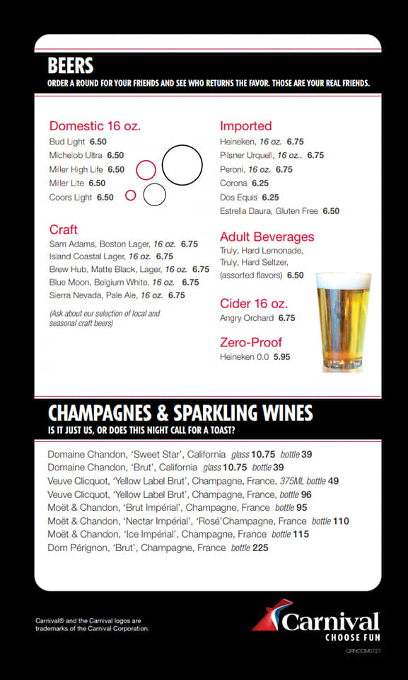 The Nightclub bar menu on Carnival