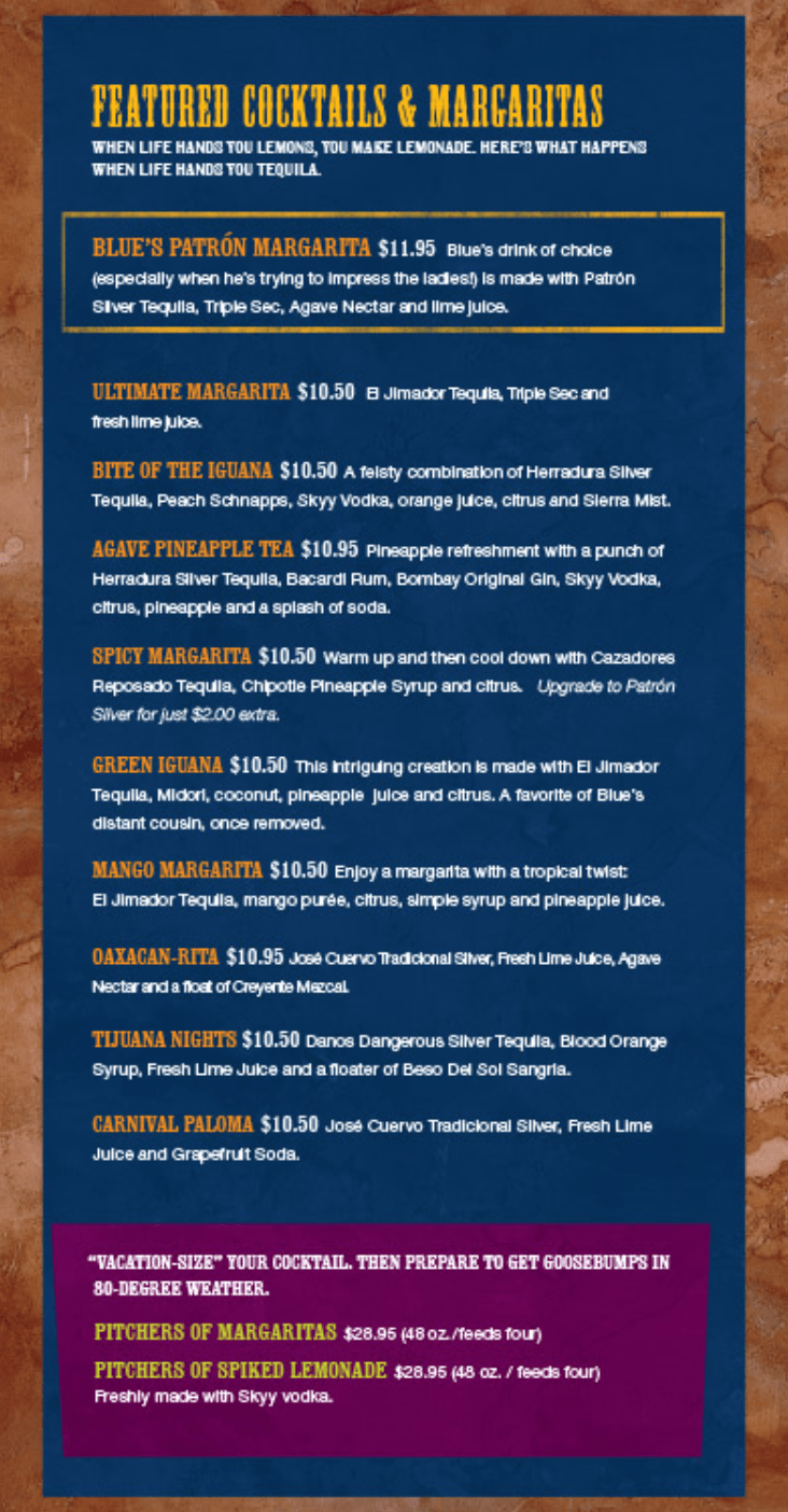 Blue Iguana Tequila Bar Menu on Carnival updated 2024.