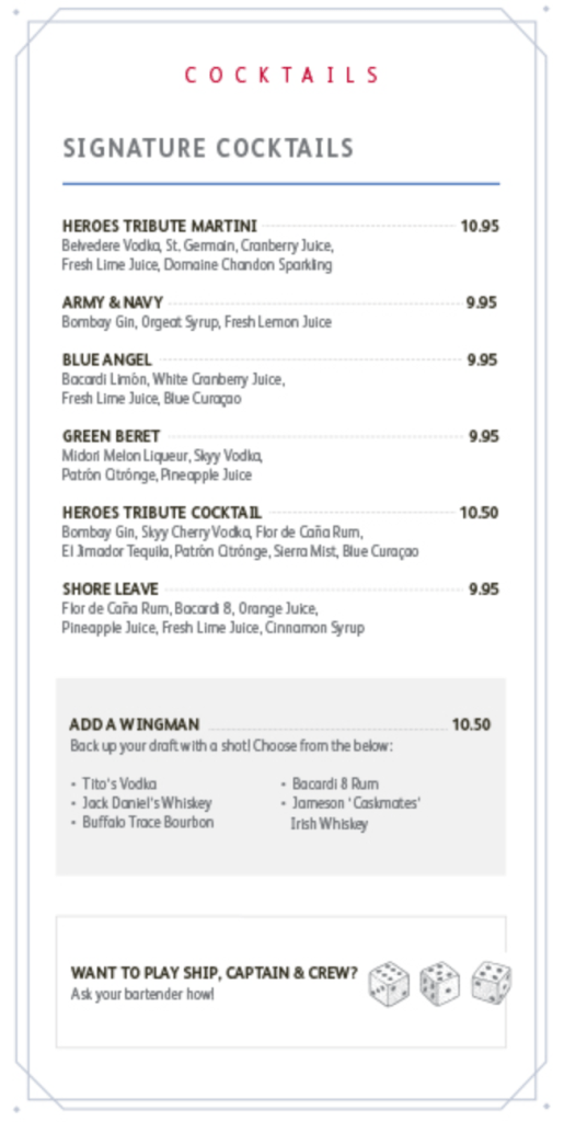 Heroes Tribute Lounge Bar Menu on Carnival 2024 page 2