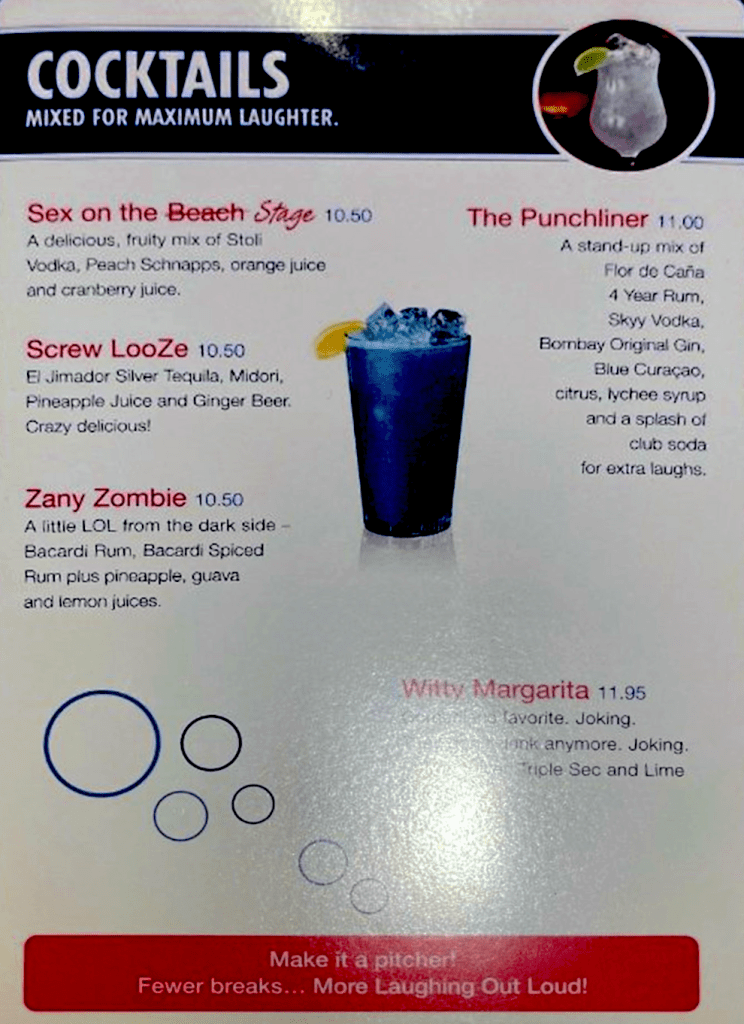 Carnival's Punchliner Comedy Club Drink Menu 2024, page 1