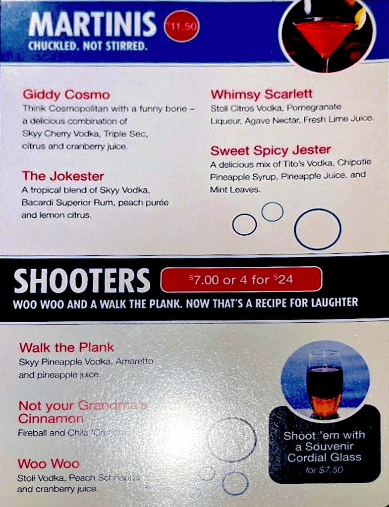 Carnival's Punchliner Comedy Club Drink Menu 2024, page 2.