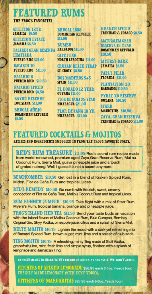 Carnival's Red Frog Rum Bar Menu updated for 2024.