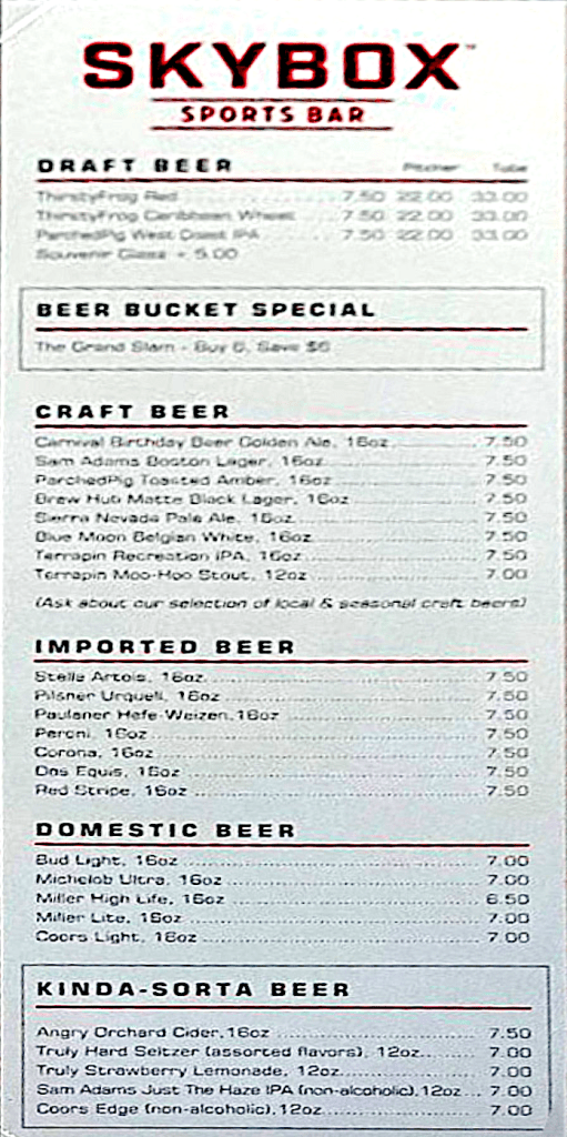 Carnival's Sports Bar Menu  Skybox 2024 page 2