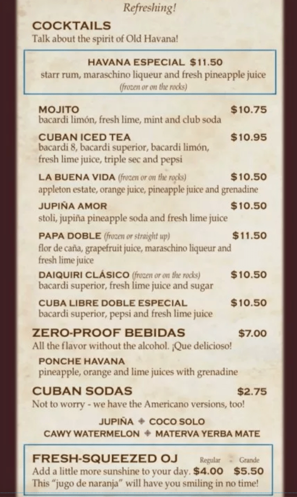 Havana bar menu on Carnival 2024.