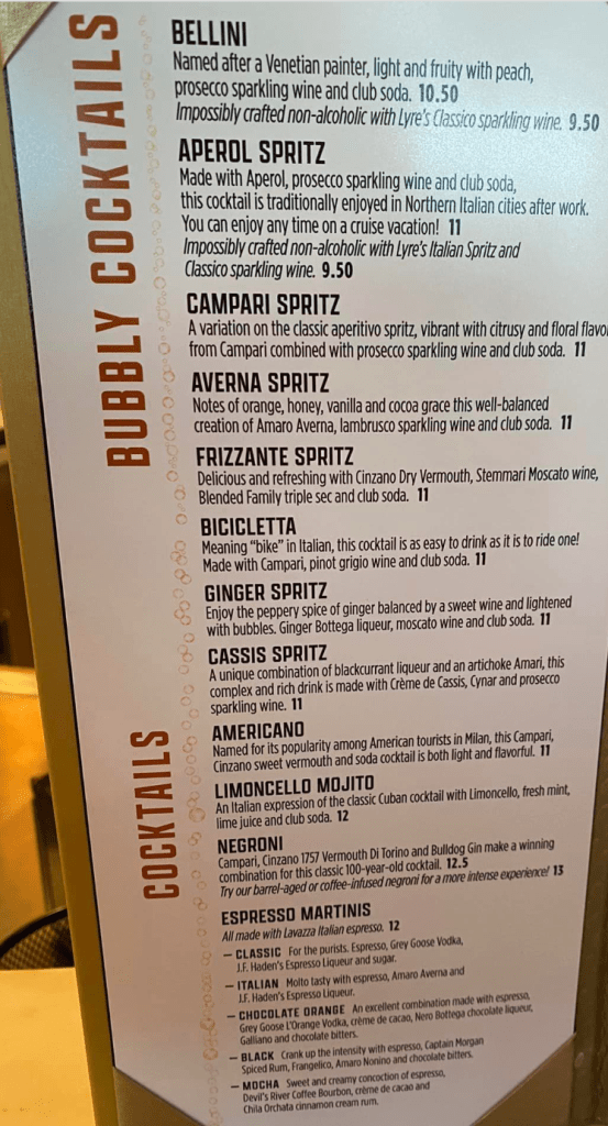 Frizzante Bar Menu on Carnival Venezia page 1.