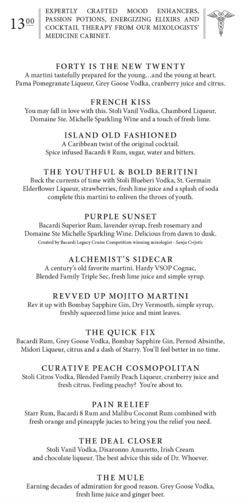 Alchemy Bar Menu on Carnival 2024