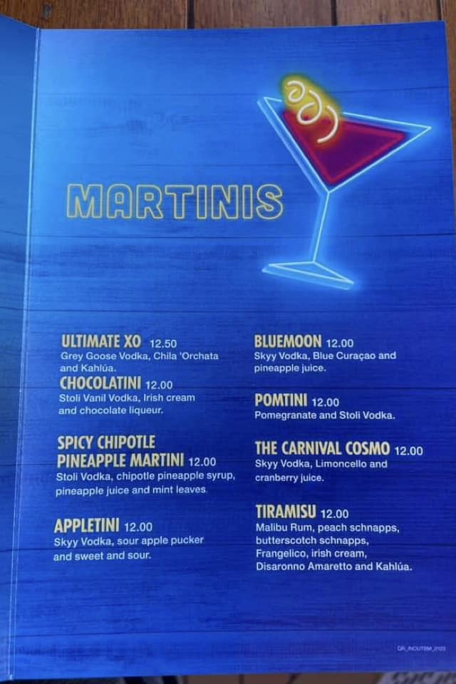 Atrium Bar Menu on Carnival 2024 page 3