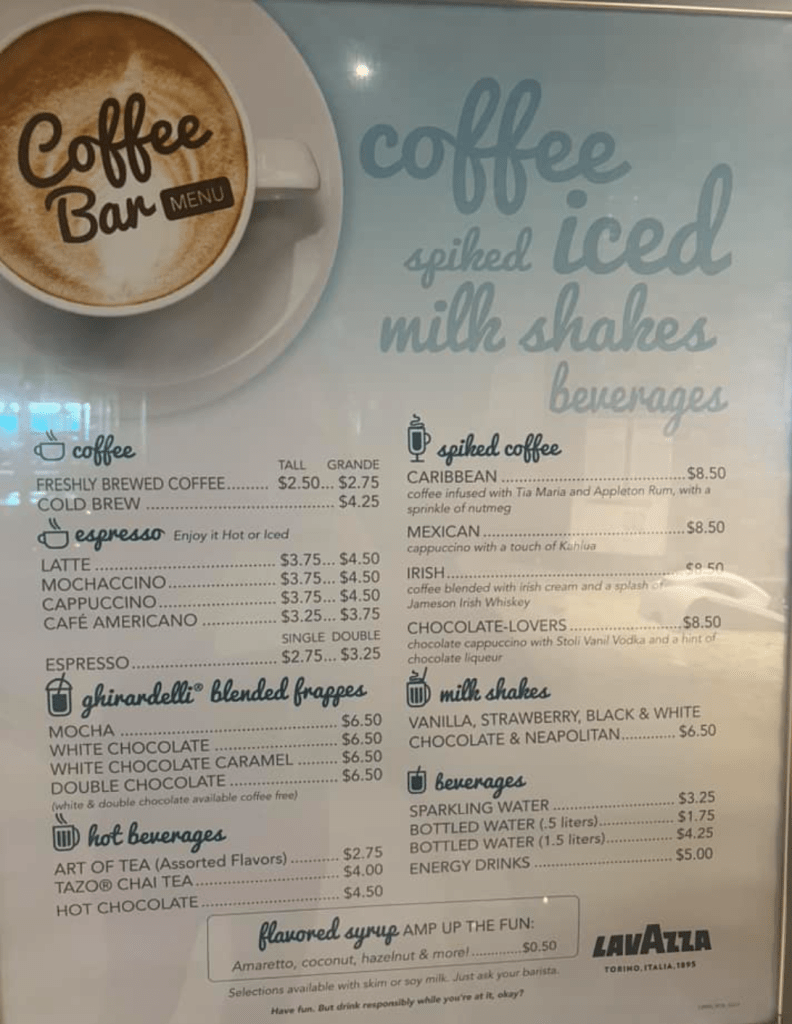 Carnival updated coffee bar menu 2024.