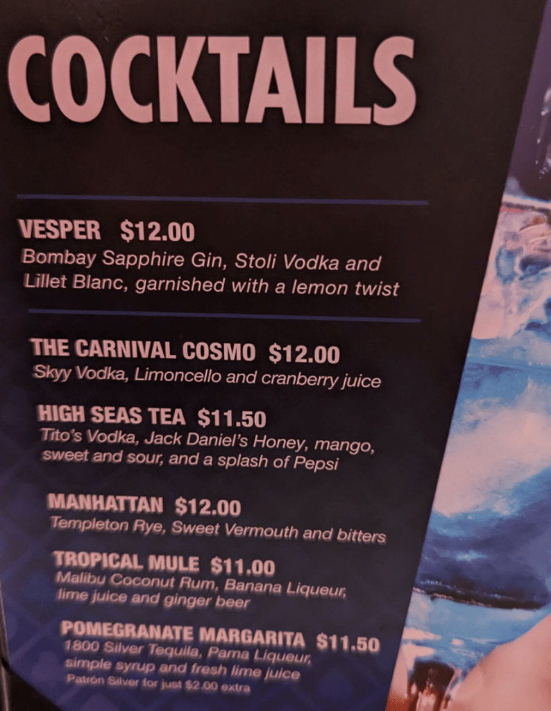 Casino Bar Menu on Carnival